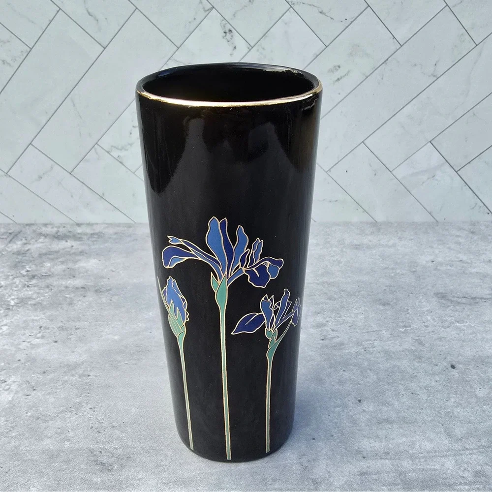 Vintage Otagiri Japan Blue Iris Ceramic Vase Black Gold Rim Floral Decorative